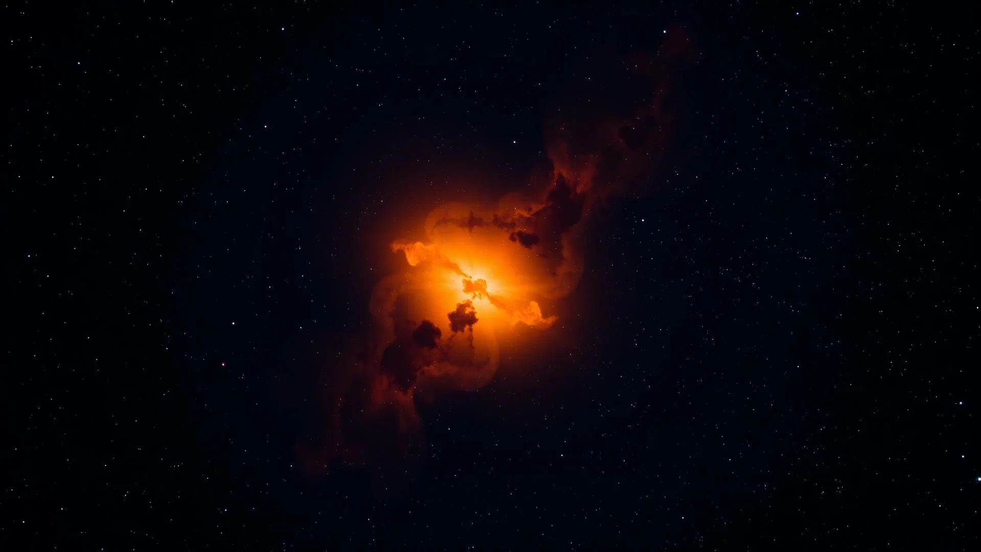 Leuchtend orangefarbene Gaswolke im All vor einem Sternenhimmel