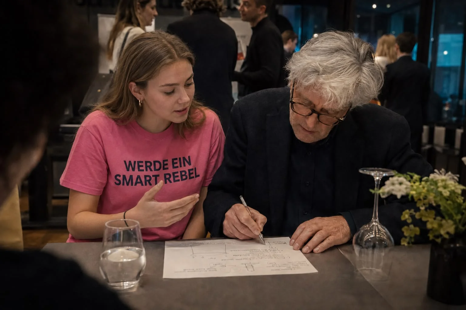 Junge Frau in einem pinken Shirt mit der Aufschrift „Werde ein Smart Rebel“ im Gespräch mit einem älteren Mann, der an einem Tisch eine Skizze auf ein Blatt Papier zeichnet