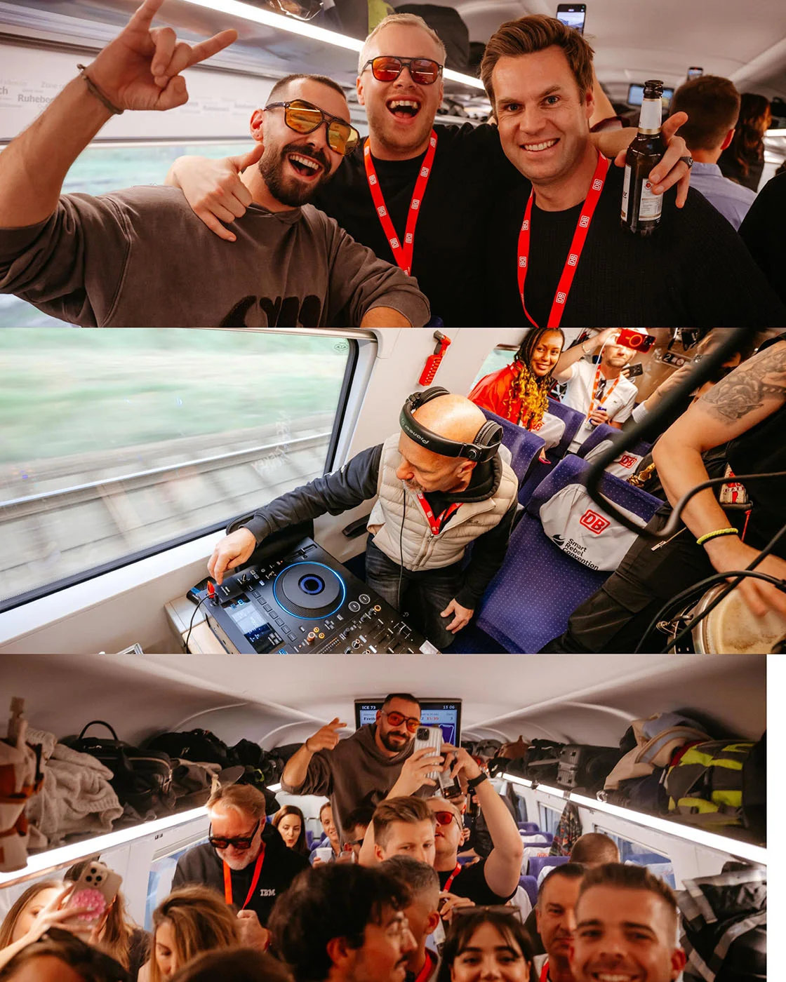Collage aus dem Club Train: feiernde Gäste, ein DJ am Controller am Zugfenster und ein voller Mittelgang